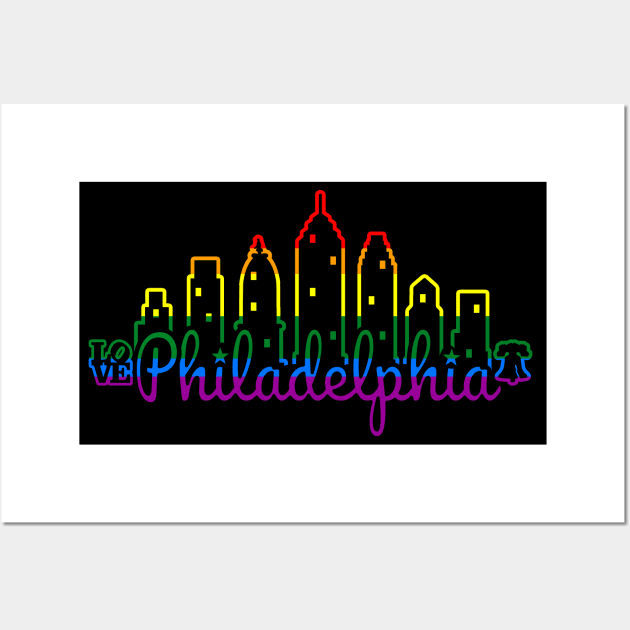 Philly Skyline Script Rainbow Line Art Philadelphia Love Liberty Bell Wall Art by TeeCreations